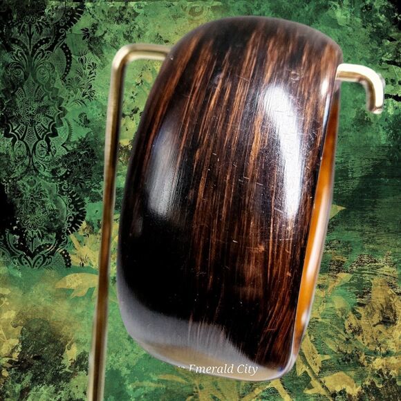 Rustic Radiance Hinged Cuff Bracelet Plastic Brown & Amber Magnetic Clasp Bangle - Picture 7 of 14